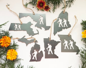 Pick your STATE HIKER Ornament made from Raw Steel Sustainable Gift Adventure Trails Mountain *Number of hiker cutouts is NOT an option*