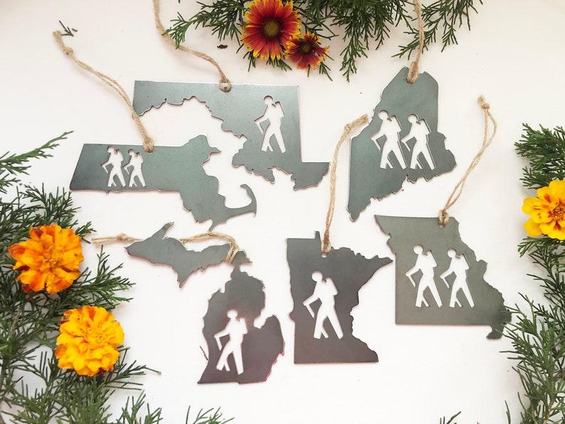 Pick your STATE HIKER Ornament made from Raw Steel Sustainable Gift Adventure Trails Mountain Number of hiker cutouts is NOT an option Bild 1