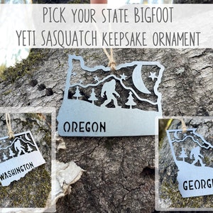 Pick your STATE Yeti Bigfoot Sasquatch Mountain Scene Metal Ornament made from Raw Steel Anniversary Gift Sustainable Gift made in USA by US