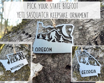Pick your STATE Yeti Bigfoot Sasquatch Mountain Scene Metal Ornament made from Raw Steel Anniversary Gift Sustainable Gift made in USA by US