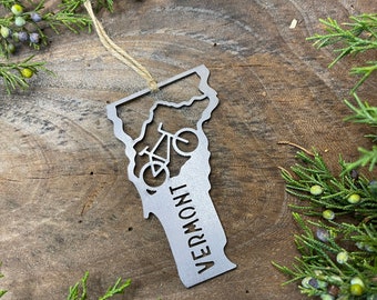 Vermont State Mountain Bike Metal  Ornament made from Raw Steel Anniversary Gift Rustic Christmas Tree Decoration Sustainable Holiday Gift