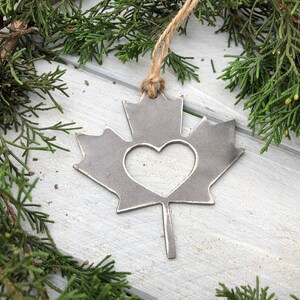 Fall Maple Leaf Christmas Ornament Vermont Canada Rustic Metal Heart Christmas Tree Ornament Holiday Gift Industrial Decor Wedding Favor image 4