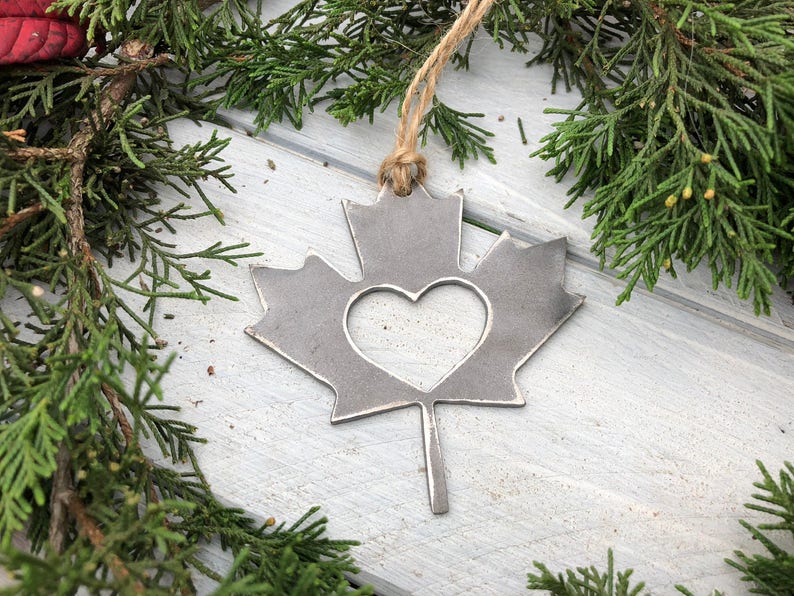 Fall Maple Leaf Christmas Ornament Vermont Canada Rustic Metal Heart Christmas Tree Ornament Holiday Gift Industrial Decor Wedding Favor image 4