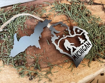 Michigan State Yeti Bigfoot Sasquatch Raw Steel Anniversary Gift Ornament Heirloom Gift Sustainable Gift Cabin Decor Forest Adventure