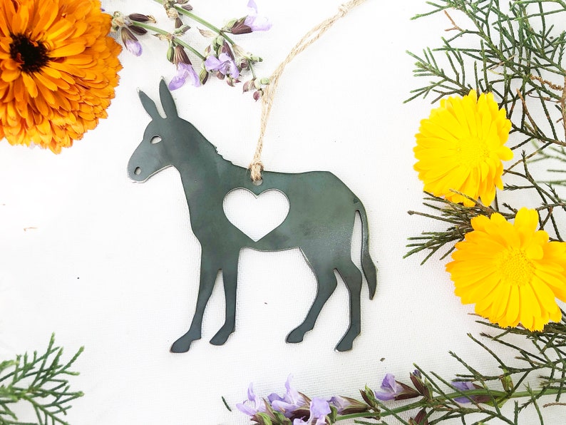 Donkey Ornament with heart made from Raw Steel Anniversary Jack Burro Arizona Grand Canyon Southwestern Desert Sustainable Ornament NO Personalization