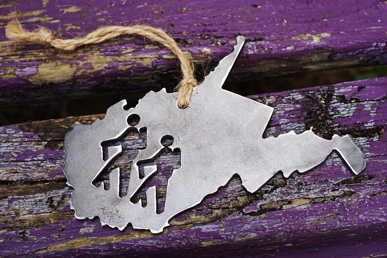 West Virginia State Hikers Metal Christmas Ornament Rustic Raw Steel WV Metal Holiday Decoration Stocking Stuffer Hike Hiking image 3