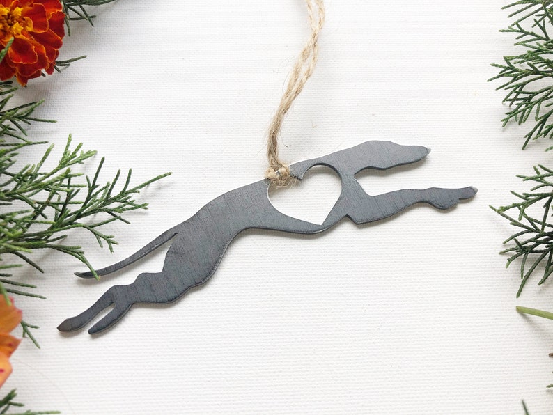 Greyhound Dog Ornament with Heart made from Recycled Raw Steel Rustic Farmhouse Pet memorial Pet Loss Gift Dog Love Sustainable Christmas image 8