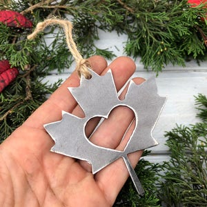 Fall Maple Leaf Christmas Ornament Vermont Canada Rustic Metal Heart Christmas Tree Ornament Holiday Gift Industrial Decor Wedding Favor image 2