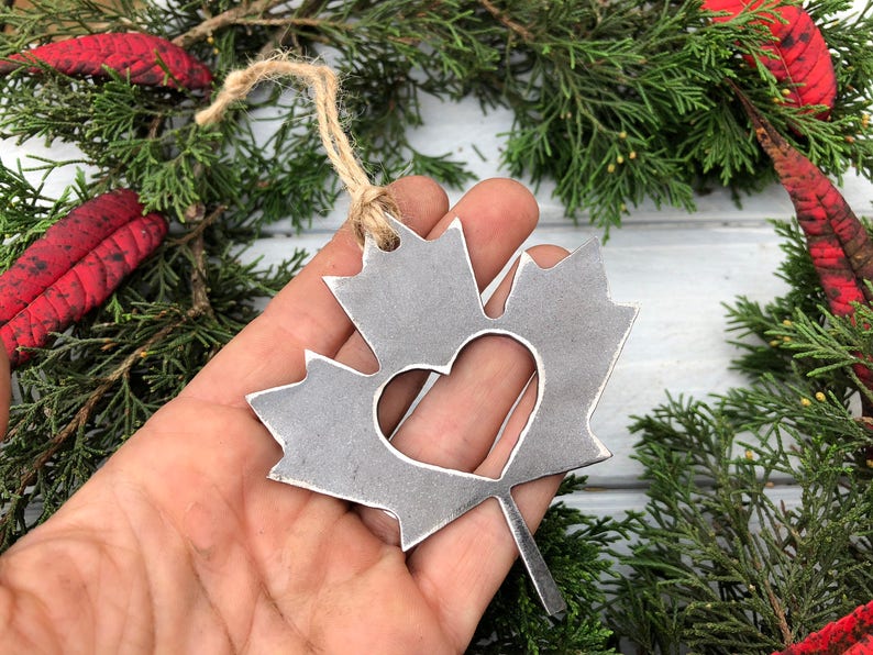 Fall Maple Leaf Christmas Ornament Vermont Canada Rustic Metal Heart Christmas Tree Ornament Holiday Gift Industrial Decor Wedding Favor image 2