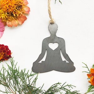 Yoga Ornament with heart made from Recycled Raw Steel Sustainable Gift Meditation Meditate Sitting Easy Pose namaste Pranayama Breathing