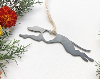 Greyhound Dog Ornament with Heart made from Recycled Raw Steel Rustic Farmhouse Pet memorial Pet Loss Gift Dog Love Sustainable Christmas