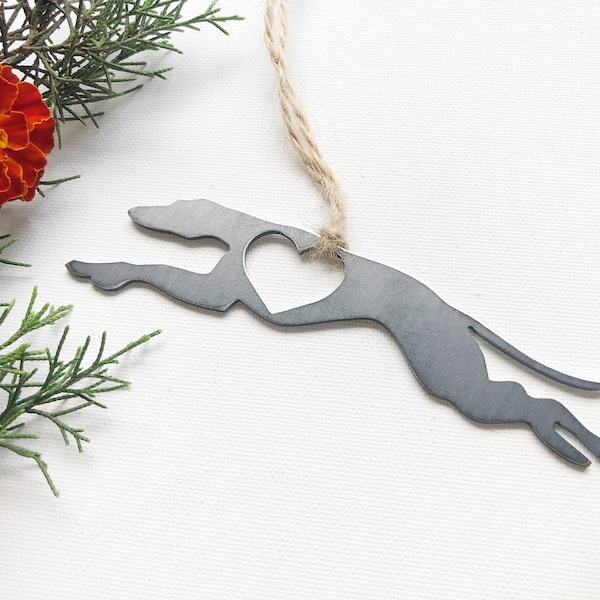 Greyhound Dog Ornament with Heart made from Recycled Raw Steel Rustic Farmhouse Pet memorial Pet Loss Gift Dog Love Sustainable Christmas
