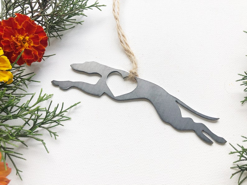 Greyhound Dog Ornament with Heart made from Recycled Raw Steel Rustic Farmhouse Pet memorial Pet Loss Gift Dog Love Sustainable Christmas NO Personalization