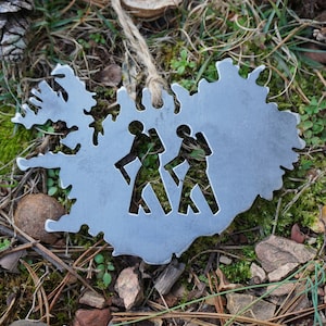 Iceland Hiking Ornament with 2 hikers cut outs made from Raw Steel Explore Hiking Wander Hiker Gift Backpacking Adventure Sustainable Gift