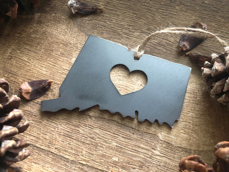 Connecticut State Ornament Made from Recycled Raw Steel Christmas Tree Decoration Host Gift Wedding Gift Housewarming Gift Rustic Metal with Heart