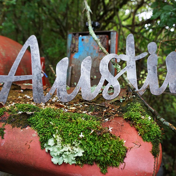 21" Austin Rustic Raw Steel Cursive Word Sign Texas TX City Metal Sign by BE Creations