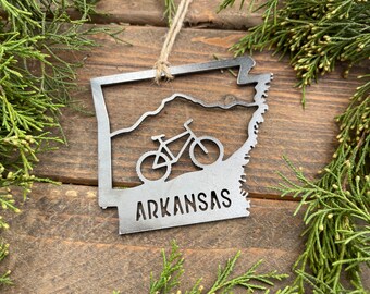 Arkansas State Mountain Bike Raw Steel Ornament Biking Adventure Explore Trail Riding Ozarks Ouachita National Forest MADE in USA by US