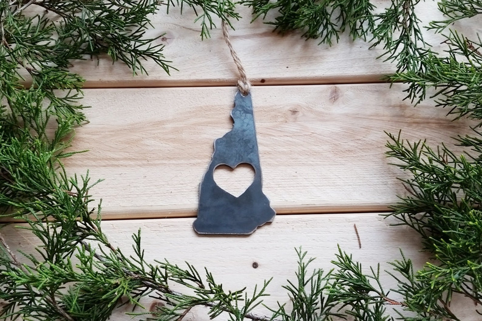 New Hampshire State Ornament With Heart Rustic Raw Steel Love NH ...