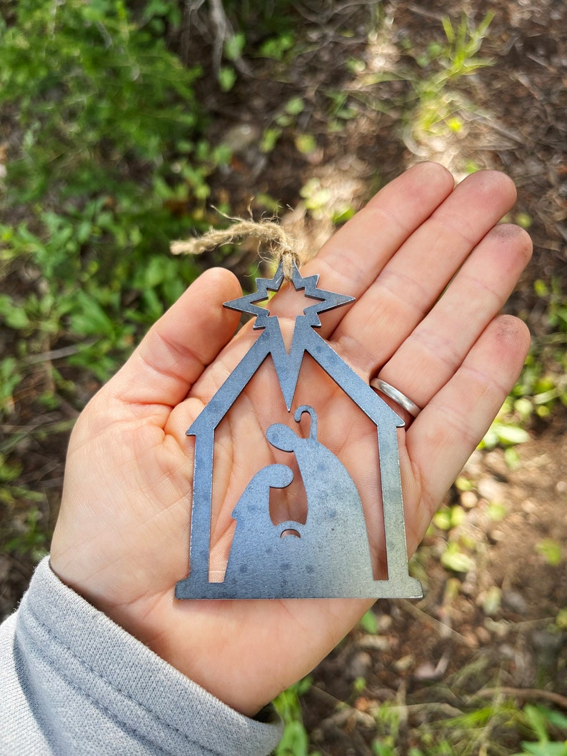 Nativity Christmas Ornament made from Raw Steel Farmhouse Rustic Christmas Tree Decoration Stocking Stuffer Christmas Gift Church Gift image 6