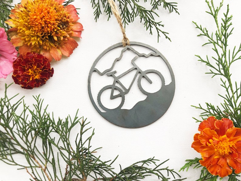 Mountain Biking Ornament made from 14g Raw US Steel Sustainable Gift Adventure Gift Explore Biking Gift Ride Bikes Ornament ONLY