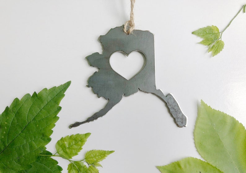 Alaska State Ornament Made from Recycled Raw Steel Christmas Tree Decoration Stocking Stuffer House Warming Gift Cabin Rustic Farmhouse image 3