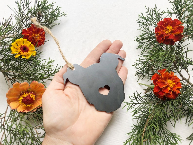Puppy Dog Ornament with Heart Made from Recycled Raw Steel Metal Dog Ornament Christmas Tree Fur Baby Gift Rescue Dog Gift Pet Memorial image 4