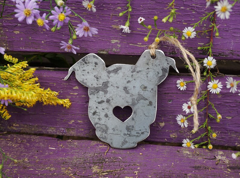 Puppy Dog Ornament with Heart Made from Recycled Raw Steel Metal Dog Ornament Christmas Tree Fur Baby Gift Rescue Dog Gift Pet Memorial image 5