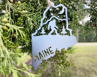 Maine State Yeti Bigfoot Sasquatch Mountain Scene Metal Ornament made from Raw Steel Anniversary Gift Rustic Cabin MADE in USA by US