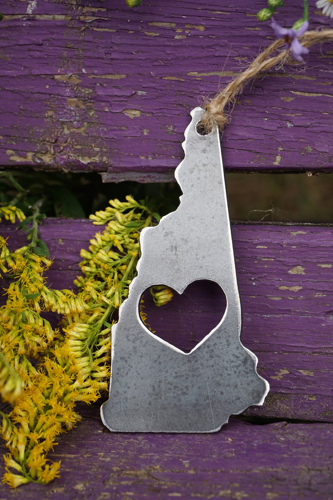 New Hampshire State Ornament With Heart Rustic Raw Steel Love NH ...