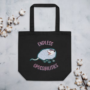 Cute Possum Design Eco Shopping Bag - Opossum Art Tote Bag - Opossum With Flowers Drawing Design - Pink Font