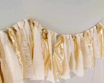 Lace and cream Fabric garland, bridal shower garland, wedding fabric garland, fabric banner, fabric garland photo prop Beige and Gold