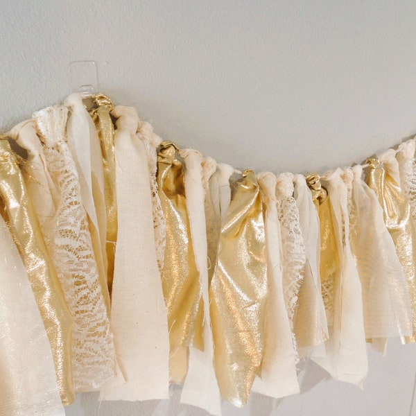 Lace and cream Fabric garland, bridal shower garland, wedding fabric garland, fabric banner, fabric garland photo prop Beige and Gold