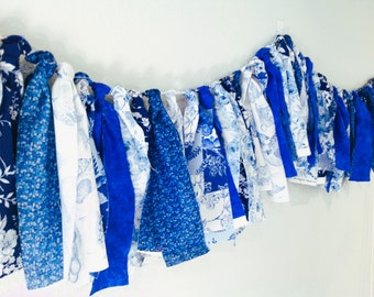 Blue and White Rag Fabric Garland, Blue Colors Wall Decor, Blue and White Banner