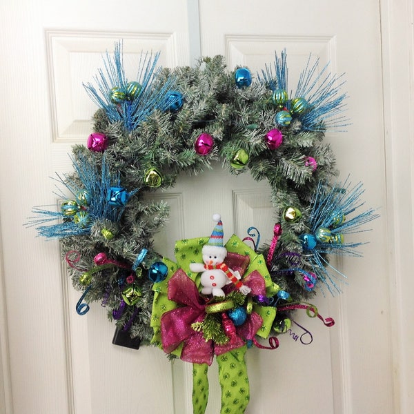 Christmas Wreath Turquoise Green Pink Christmas Wreath Pre-Lit 24" Christmas Wreaths for Front Door Handmade Christmas Decoration