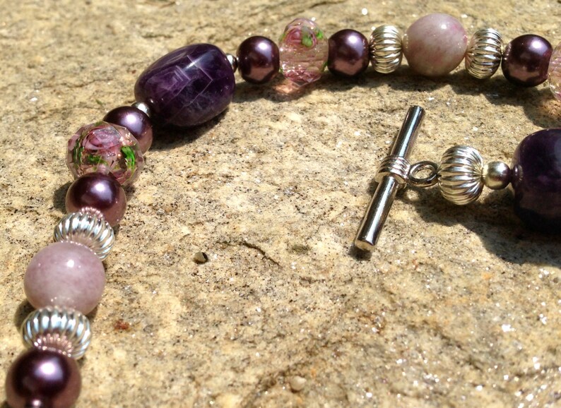 Sugilite Amethyst Lavender Rose Lampwork Silver Tone Gemstone Necklace Vintage Rose Upcycled Recycled Repurposed Necklace Purple Pearl