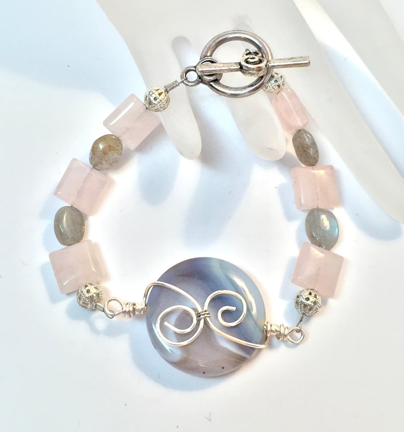 Wire Wrapped Agate Bracelet with Labradorite and Rose Quartz Gemstone Accents