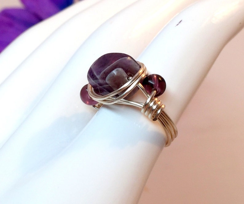 Wire Wrapped Amethyst Minimalist Gemstone Ring SIZE 5 with Purple Glass Bead Accents