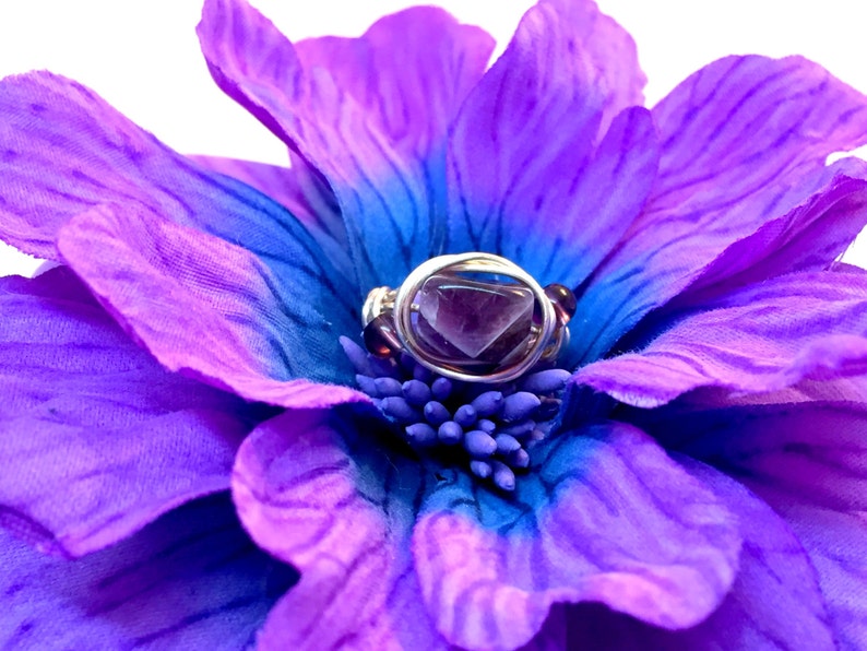 Wire Wrapped Amethyst Minimalist Gemstone Ring SIZE 5 with Purple Glass Bead Accents