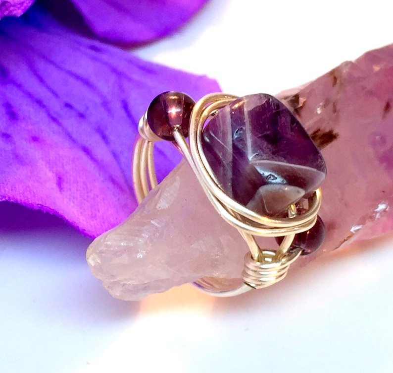 Wire Wrapped Amethyst Minimalist Gemstone Ring SIZE 5 with Purple Glass Bead Accents