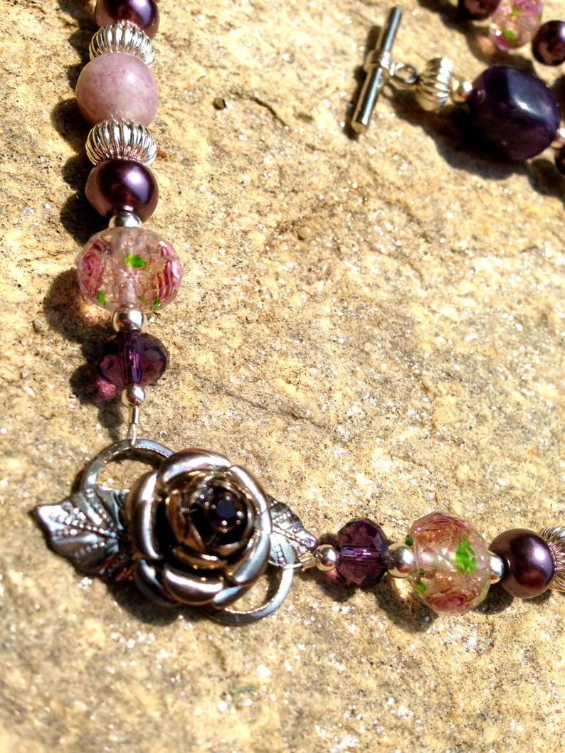 Sugilite Amethyst Lavender Rose Lampwork Silver Tone Gemstone Necklace Vintage Rose Upcycled Recycled Repurposed Necklace Purple Pearl