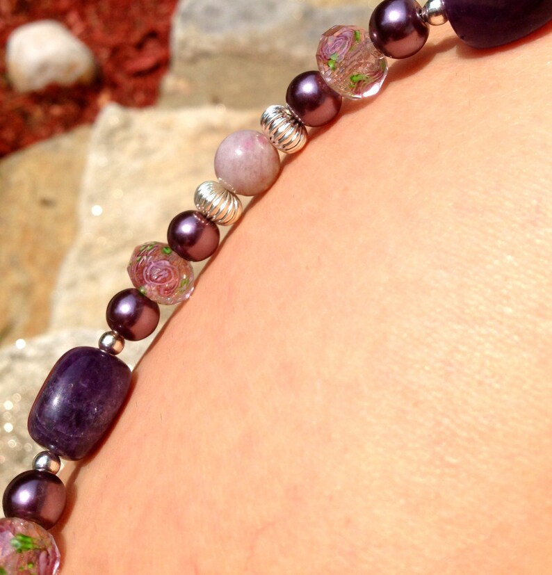Sugilite Amethyst Lavender Rose Lampwork Silver Tone Gemstone Necklace Vintage Rose Upcycled Recycled Repurposed Necklace Purple Pearl