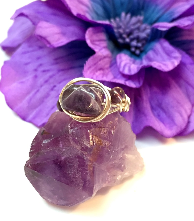 Wire Wrapped Amethyst Minimalist Gemstone Ring SIZE 5 with Purple Glass Bead Accents