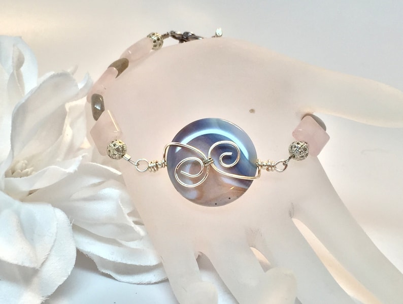 Wire Wrapped Agate Bracelet with Labradorite and Rose Quartz Gemstone Accents