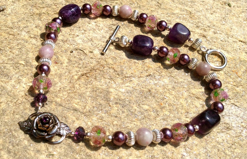 Sugilite Amethyst Lavender Rose Lampwork Silver Tone Gemstone Necklace Vintage Rose Upcycled Recycled Repurposed Necklace Purple Pearl