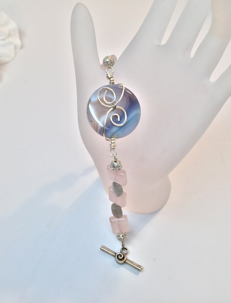 Wire Wrapped Agate Bracelet with Labradorite and Rose Quartz Gemstone Accents