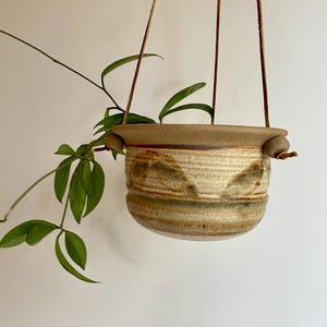 May include: A hanging ceramic planter in natural tones. The planter is suspended by brown leather straps and has a textured surface with a light beige and brown design. Green leaves cascade from the planter. The planter is approximately 15 cm in diameter.