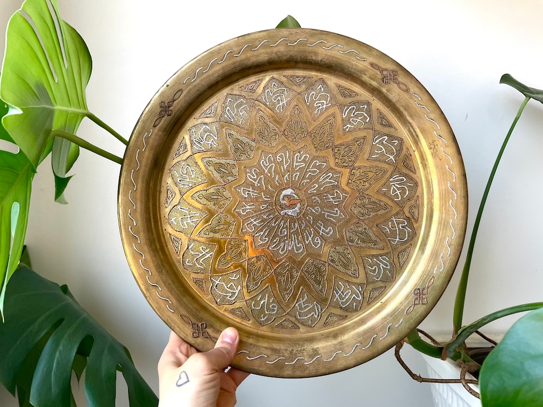 Vintage Large Brass Decorative Wall Plate With Silver and Copper Inlay