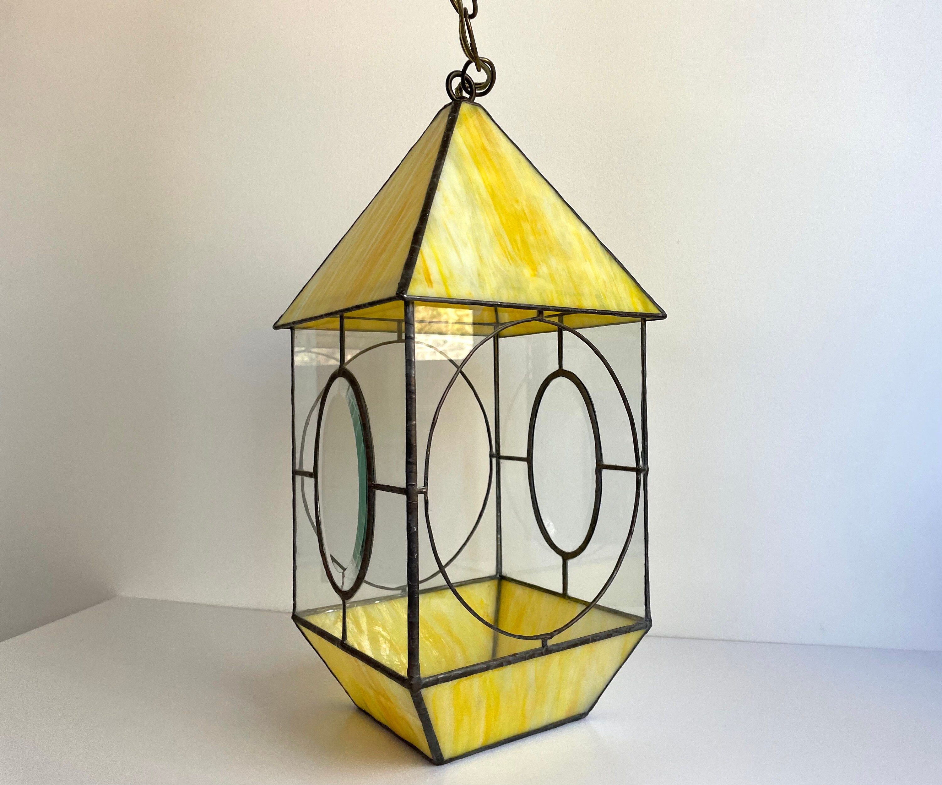 Vintage Yellow Slag Glass Hanging Terrarium Lamp