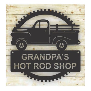 Personalized Metal Hot Rod Vintage Truck Sign | Workshop Sign | Father&#39;s Day Gift | Metal Shop Sign | Man Cave Décor | Garage Gear Shop Sign