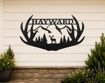 Personalized Deer Metal Sign, Deer Antler Family Name Sign, Hunting Cabin Decor, Rustic Deer Wall Art